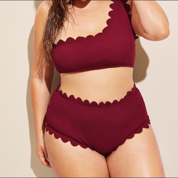 Plus Size High Waist Scalloped One Shoulder Bikini - Picture 2 of 5